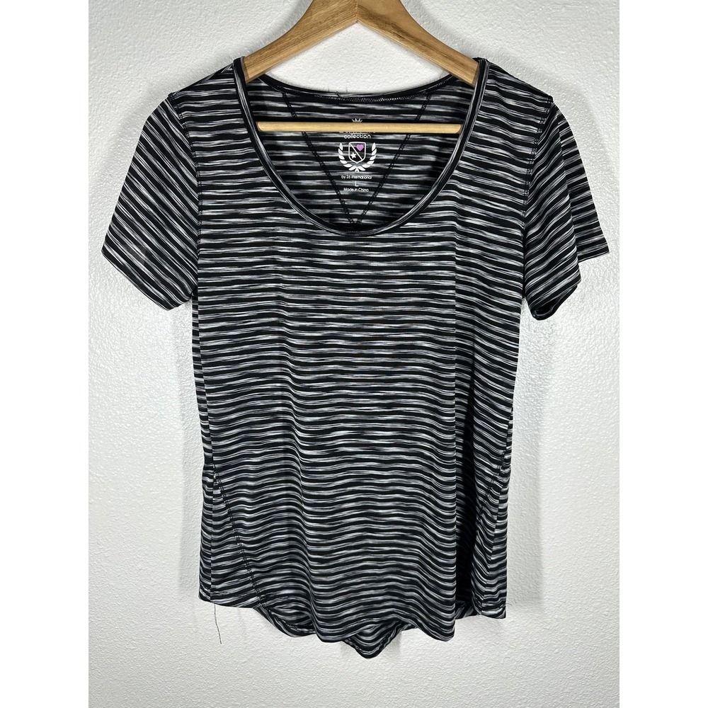 26 International Shirt Womens Large Black Gray Striped Scoop Neck Athletic